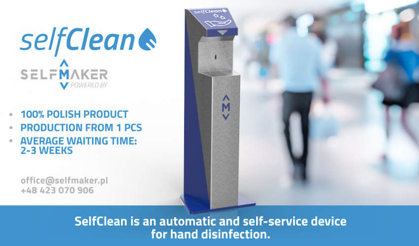 SelfMaker began production of a self-service and contact-free kiosk for hand disinfection